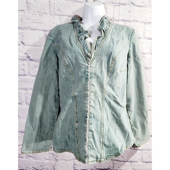 VTG Company Ellen Tracy Stonewash Ruffled Collar Denim Jacket 6 Long Sleeves - Picture 1 of 7
